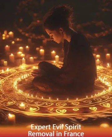 In the gentle glow of countless candles, a serene soul finds solace within a circle of light, embracing warmth and tranquility. The scene whispers of ancient wisdom and nurturing energy, inviting peace into one's heart. Expert evil spirit removal in France.