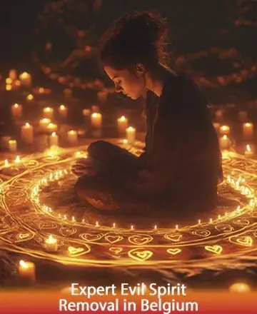 In a serene sanctuary illuminated by the soft glow of countless candles, a figure sits in tranquil reflection, encircled by intricate patterns of light. This peaceful scene invites a sense of protection and inner calm, enveloping the soul in gentle reassurance. Expert evil spirit removal in Belgium.