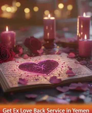 In a serene and mystical setting, glowing candles cast a gentle light over an open book adorned with a shimmering heart, surrounded by delicate rose petals. This enchanting scene whispers of love and healing. Embrace the journey to reconnect with a lost love. Spiritual healing in Yemen.