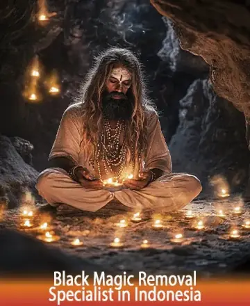 In a serene cave illuminated by the soft glow of countless candles, a wise figure sits in peaceful meditation. The gentle warmth of the lights creates a space of safety and calm, inviting you to find solace and clarity. Black magic removal in Indonesia.