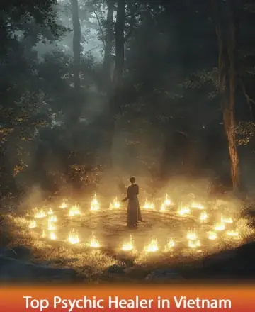 In a serene forest clearing, gentle flames encircle a solitary figure, casting a warm glow that dances among the trees. The tranquil scene invites a deep sense of peace and reflection, enveloping you in a cocoon of calm and clarity. Top psychic healer in Vietnam.