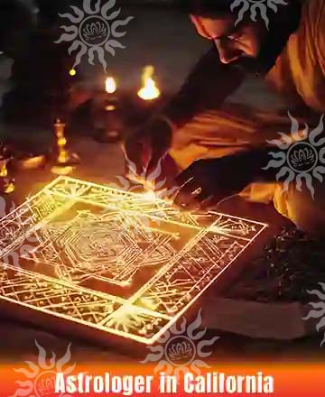 Astrologer performing a ritual with a glowing sacred geometric design, candles, and spiritual setup – Astrologer in California.