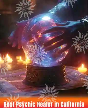 Hands over a glowing crystal ball surrounded by candles during a psychic ritual – Best Psychic Healer in California